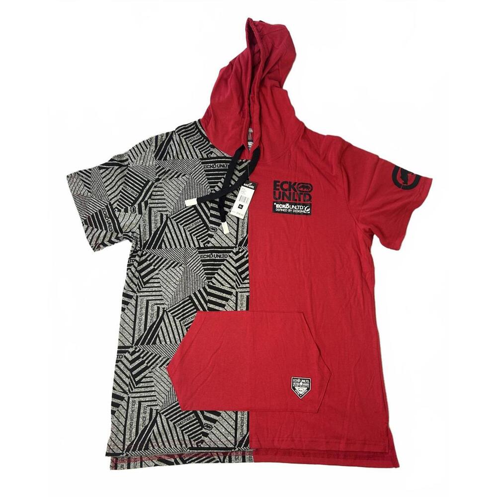 Ecko Unltd Half Pattern Half Solid Red Hooded T-S… - image 1